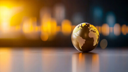 Golden globe representing world, illuminated with financial data patterns, sits sleek surface, evoking sense of global connectivity and economic