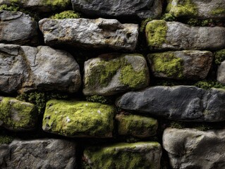 Timeless Beauty of Weathered Stone Wall with Vibrant Green Moss - A Natural Texture Background