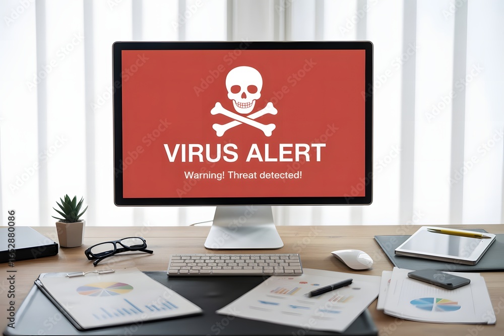 Poster computer screen displaying a virus alert with a skull and crossbones warning of a threat detected on