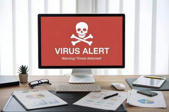 Computer screen displaying a virus alert with a skull and crossbones warning of a threat detected on a desk with office supplies - Powered by Adobe