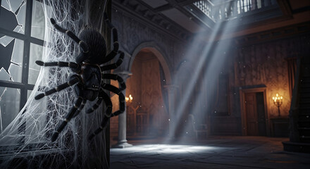 A large spider on a web in front of a broken window inside a spooky old building with light rays