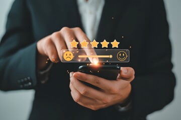Customer feedback and satisfaction survey using mobile phone with five star rating and sliding scale from sad to happy face for user experience