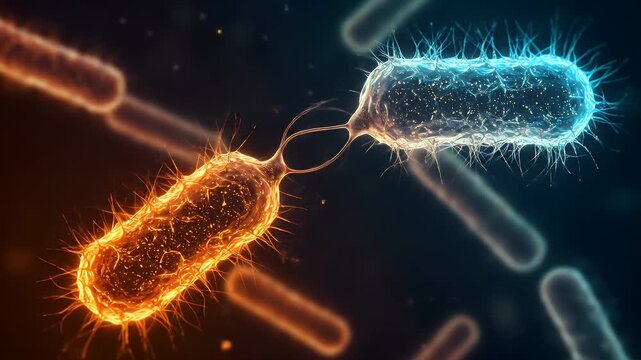 Bacterial Conjugation: Orange and Blue Bacteria Transferring Genetic Material in Microscopic Detail