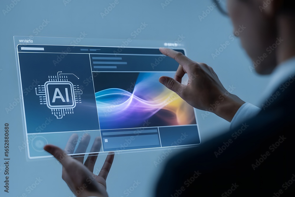 Poster person interacting with an advanced transparent touchscreen display featuring an ai icon and abstrac