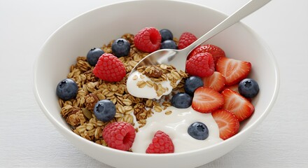 A close-up of a white bowl filled with crunchy granola, creamy yogurt, and colorful fresh berries, with a spoon scooping a portion.