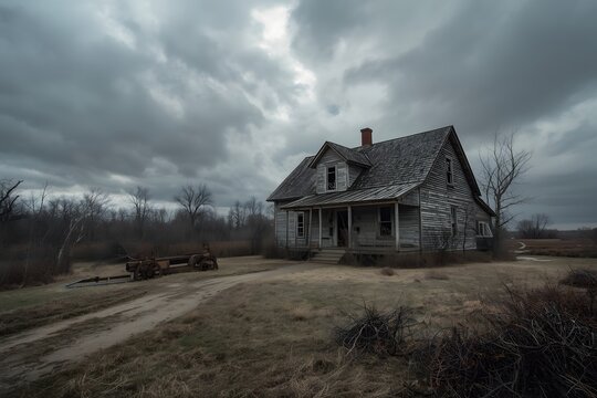 Dreary Abandoned Dilapidated Farm House with cloudy skies.