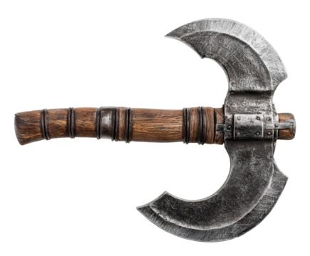 Decorative battle axe with intricate design and wooden handle on a transparent background, cut out