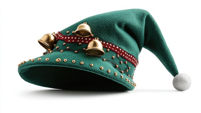 Festive Green Elf Hat with Golden Bells and Studs on White Background