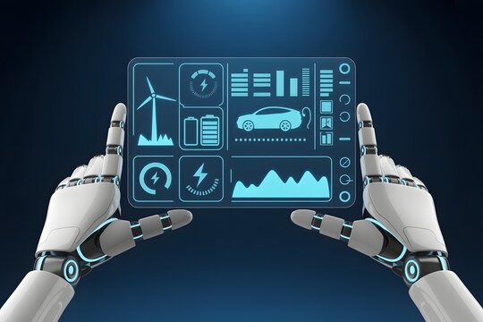 Robot Hands Holding Futuristic Interface Displaying Electric Vehicle Data Wind Turbine Battery Level and Charging Status on a Dark Blue Background
