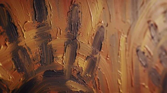 A close-up of a textured oil painting with thick impasto brushstrokes depicting an abstract handprint in warm, earthy tones.