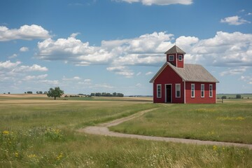 Obraz premium Old Red Schoolhouse on prairie.