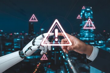 AI Risk Assessment Concept with Human and Robot Hands Touching Warning Sign Hologram over Cityscape Background Illustrating Technology and Ethical Concerns