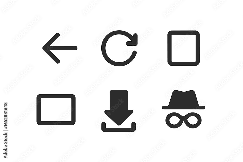 Poster collection of six modern flat icons representing common digital actions and modes, including a left 