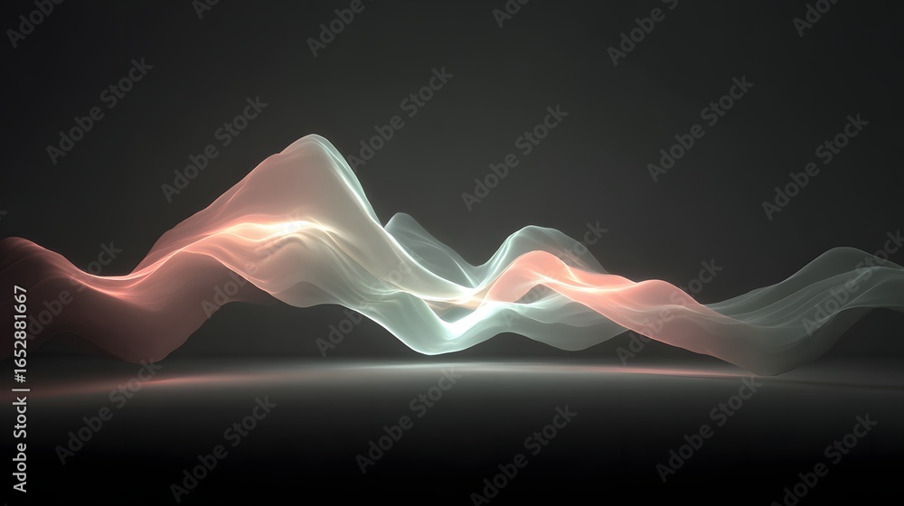 Poster abstract, flowing forms with soft, luminous hues create a captivating visual composition against a d