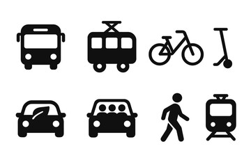 Diverse collection of simple silhouette icons showcasing urban mobility and various transportation methods, featuring a bus, tram, bicycle, scooter, car, and pedestrian figure for modern city life an