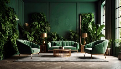 Luxurious emerald green living room with lush plants