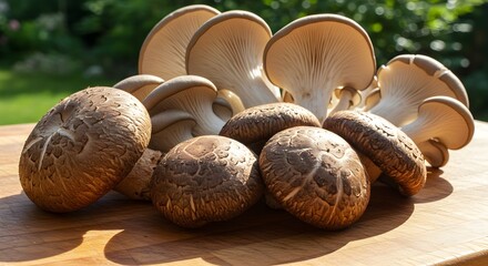 A fresh assortment of shiitake and oyster mushrooms on a wooden cutting board outdoors.