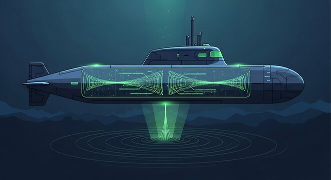 Futuristic Submarine with Digital Holographic Display in Dark Ocean Setting
