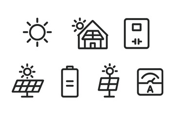 Collection of solar energy and renewable power icons, including sun, house with solar panels, battery, and electrical meter, representing clean energy and sustainability.