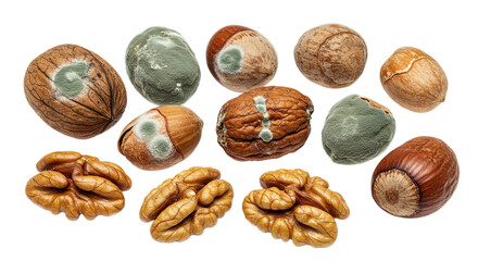 A collection of various nuts including walnuts and hazelnuts some with mold on a plain presentation