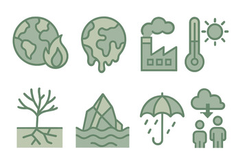 Collection of climate change and environmental crisis icons, illustrating global warming, melting ice caps, deforestation, industrial pollution, extreme weather, and societal impact.