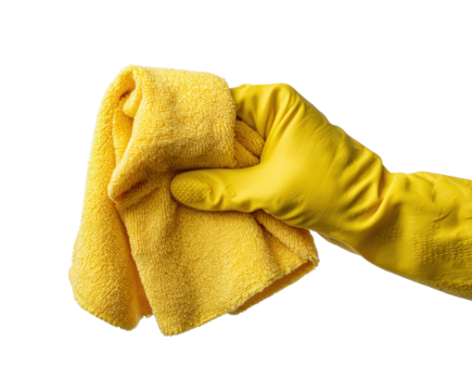 Yellow cleaning cloth held by gloved hand for household chores on a transparent background, cut out - Powered by Adobe