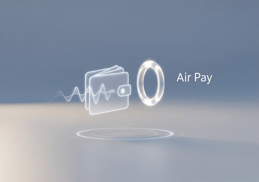 Digital wallet with sound waves and holographic effects, representing wireless payments, mobile transactions, and contactless technology.