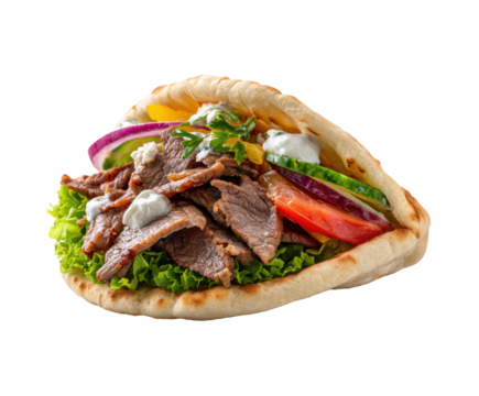 Delicious beef gyro with fresh vegetables and tzatziki sauce on a transparent background, cut out