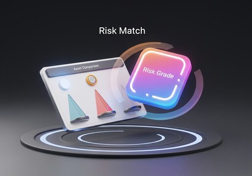 Futuristic risk assessment vector illustration with glowing elements, showing a risk grade icon and a gauge on a floating platform. - Powered by Adobe
