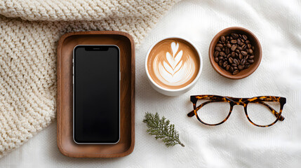 Cozy morning vibes with delicious latte, phone, glasses, and warm blanket
