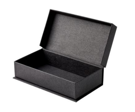 Elegant black gift box design for special occasions and presentations on a transparent background, cut out