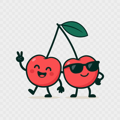 Cute cartoon cherries with happy faces. Fun fruit character illustration for kids design, stickers, or packaging. Vector illustration EPS10.