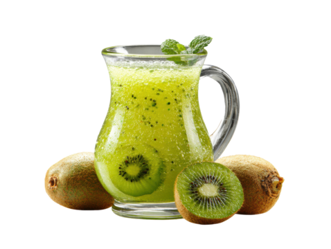 Refreshing kiwi beverage with fresh fruit and mint garnish on a transparent background, cut out