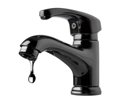 Elegant black bathroom faucet dripping water in modern setting on a transparent background, cut out