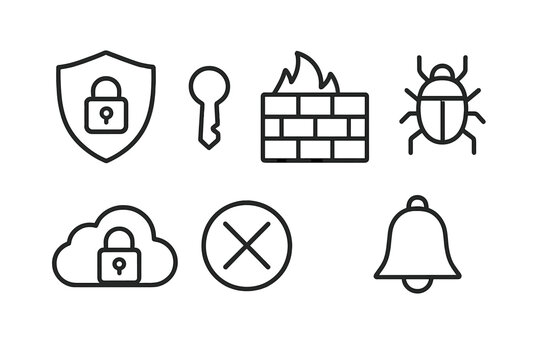 Collection of cybersecurity and digital security icons, including a shield with a lock, a key, a firewall, a computer bug, a cloud with a lock, a cancel symbol, and a bell, presented in a clean outli
