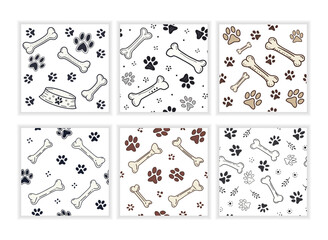 Seamless pattern featuring dog paw prints and bones in brown and orange colors on a white background ideal for textile and packaging
