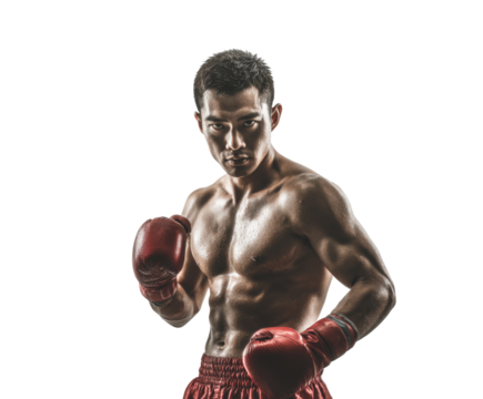 Boxing athlete training for competition in a focused stance on a transparent background, cut out