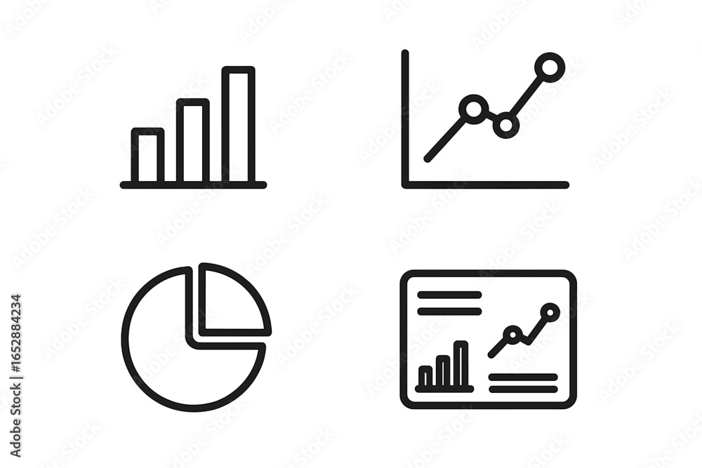 Poster collection of four simple line icons representing financial charts and data analysis, including bar 
