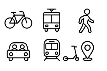 Collection of simple outline icons representing various modes of transportation and urban mobility, including a bicycle, tram, pedestrian, car, subway train, and electric scooter with a location pin.