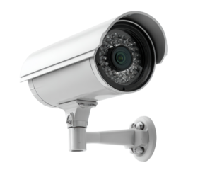 Security camera mounted on a wall for surveillance and protection on a transparent background, cut out
