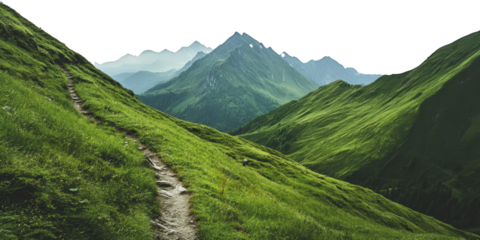 A winding hiking trail leads through lush green mountain slopes towards distant peaks isolated on transparent background