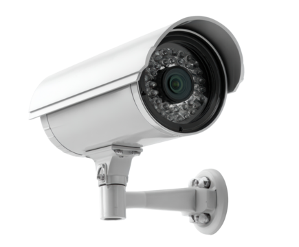 Security camera mounted on a wall for surveillance and protection on a transparent background, cut out