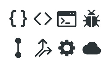 Diverse Programming and Technology Icons: Code Brackets, Terminal, Bug, Arrows, Gear, and Cloud Symbols, Ideal for Digital Projects, Presented on a Deep Dark Background for Maximum Contrast and Clari