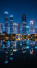 Fototapeta premium Illuminated Cityscape Reflecting in Calm Water at Night.