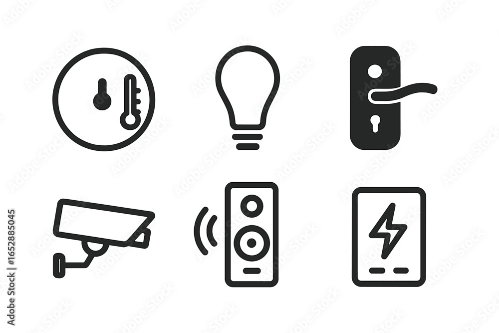 Poster modern flat line icons for smart home technology and security devices on a dark background, ideal fo