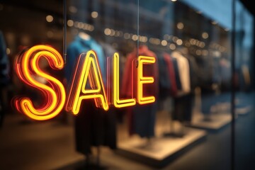 Bright Neon SALE Sign Advertising a Storefront Glass Window with Apparel Display Inside