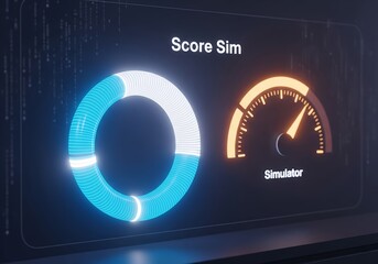 3D illustration of a digital dashboard with data simulation and performance monitoring, featuring glowing gauges and futuristic UI elements for financial analysis.
