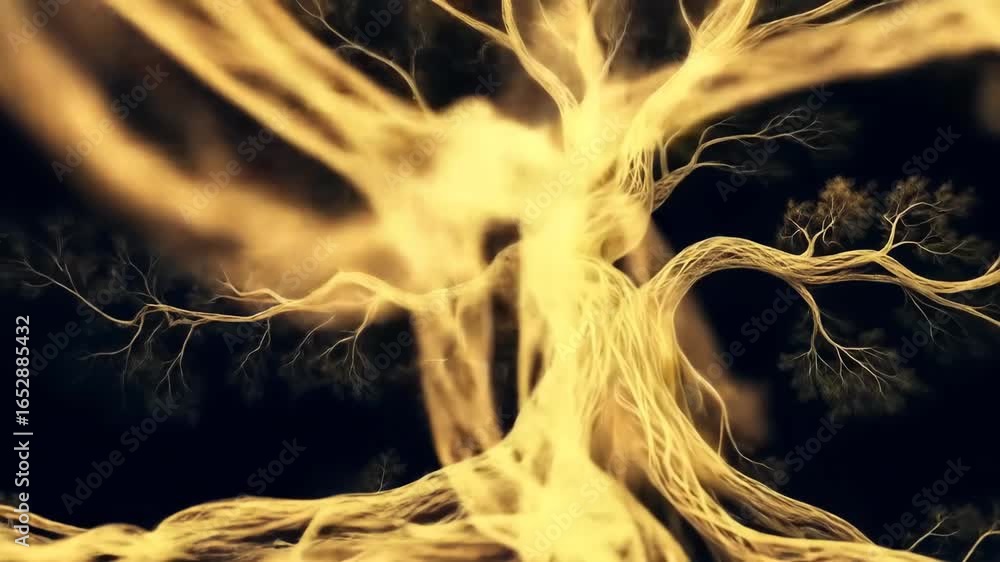 Poster animated golden tree with glowing branches against dark background displaying intricate details and 