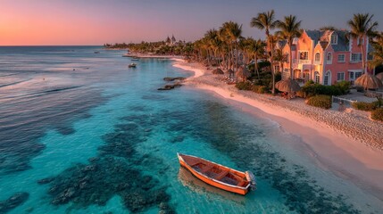 A serene tropical beach at sunset with crystal clear turquoise water, a small boat, and palm trees lining the shore near colorful buildings