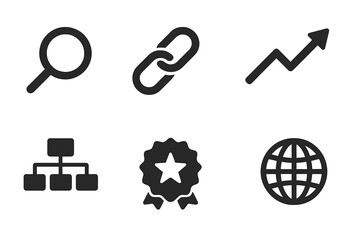 Collection of six modern flat icons representing business concepts like search, linking, growth, organization, quality, and global connectivity on a dark background.
